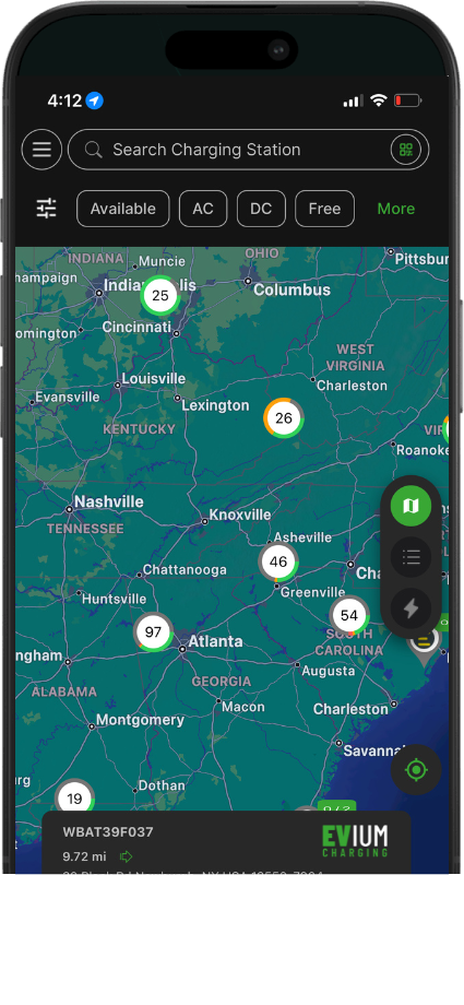 Evium charging app interface showing interactive map of Southeast US with charging station markers, search bar, and filtering options